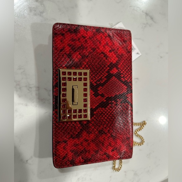 NWT Michael Kors Ellie Medium Shoulder Flap Python Embossed Red Leather Bag - Picture 9 of 12